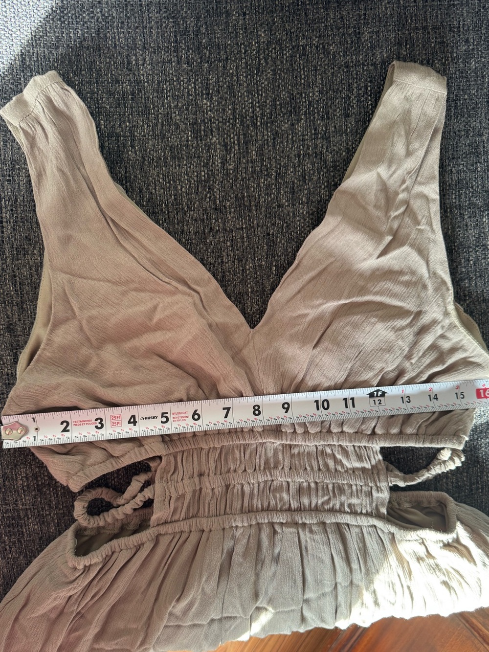 Lilly Morgan Taupe/Beige V-Neck Smocked Maxi Dress With Cut Outs - Picture 5 of 7